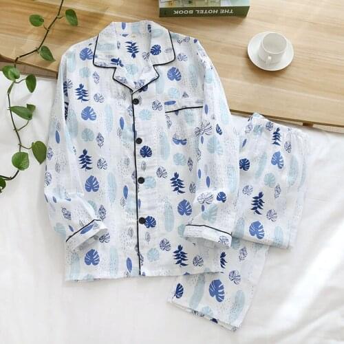 New Gauze Couple Leaf Pajamas Double-layer Cotton Yarn Pajama Set Simple Long-sleeved Trousers Sleepwear Two-piece Home Clothing