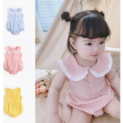 Newborn Infant Baby Girl Sleeveless Romper Summer Lapel Button Plaid Printed Jumpsuit Onesies Snap Crotch Top Bodysuit Overalls