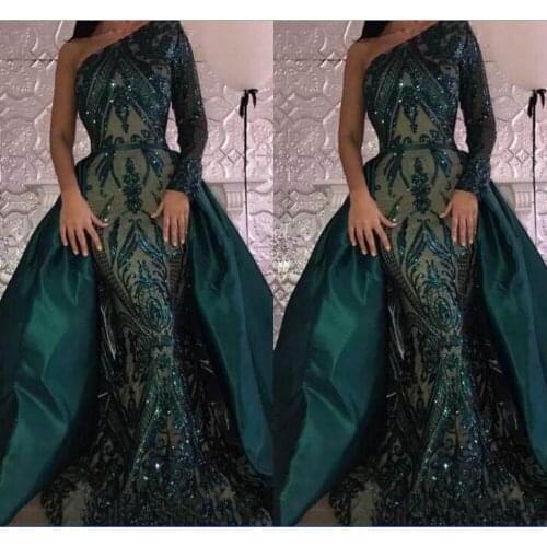 Amazing Prom Dresses 2020 One-shoulder Sequins Lace Dark Green Detachable Train Satin Evening Dresses Vestidos De Festa Formal