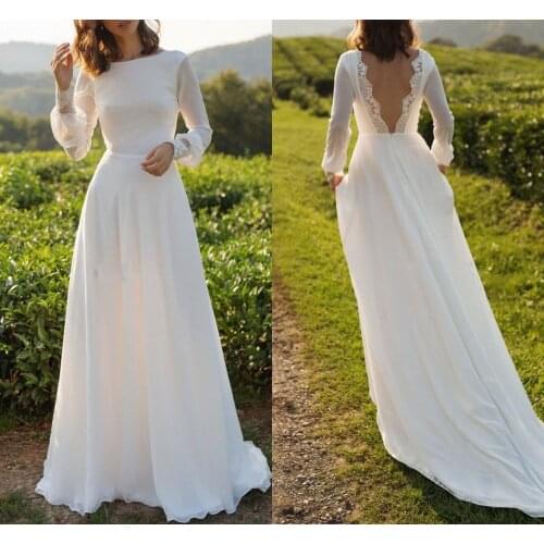 Simple Bakless Boho Wedding Dress 2020 Bateau Neck Long Sleeves Lace A Line Bridal Gowns vestidos de mairee