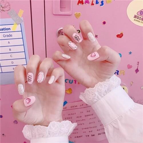 Princess style Pink silk ribbon cartoon pattern with heart diamond decoration 3d fake nails Bride full nail tips cute fake nails