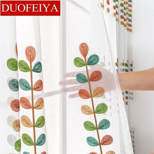 ELKA Modern Tricolor Leaves Embroidery Tulle Curtains For Living Room Bedroom Voile Sheer Curtains Window Tulle Curtains Drapes