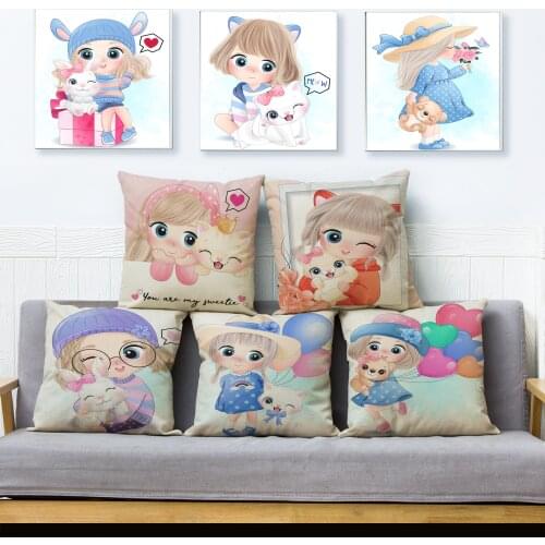 Cute Sweet Comics Girl Print Cushion Cover Linen Pillowcase Cartoon Pattern Covers Home Decor Pillows Cases