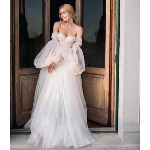 Light Champagne Princess Wedding Dress 2021 A-Line Off Shoulder Puffy Sleeves Backless Fairy Bride Gown Vestidos De Noiva Bridal