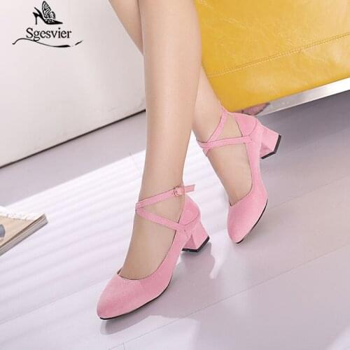 Spring Sweet Women Pumps Mid Chunky Block Heels Pink Flock Pointed Toe Mary Janes Casual Wedding Office Buckle Strap Lady Shoes