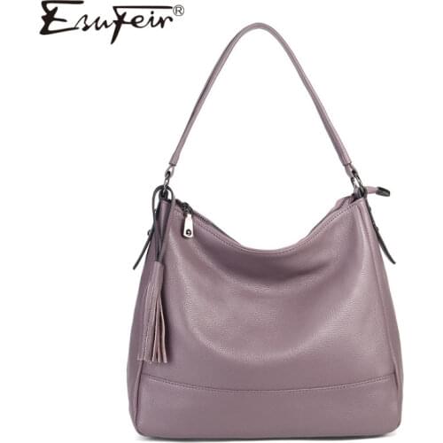 ESUFEIR 2019 New 100% Genuine Leather Women Handbag Fashion Tassel Shoulder Bag Crossbody Bag Solid Large-Capacity Handbags