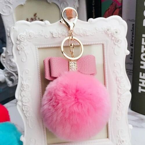 Fluffy Keychain Leather Crystal Butterfly Knot Sleutelhanger Pom Pom Key Chains Ring Rabbit Fur Ball Keyrings Pompon De Fourrure