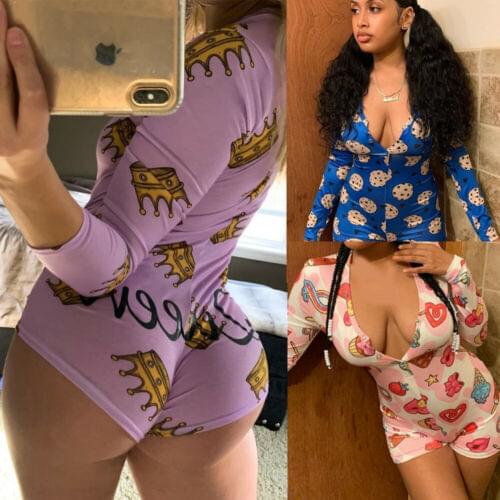 Women Sexy Printed Home Clothing Bodysuit Long Sleeve Deep V Neck Stretch Leotard Romper Pajamas Ladies Jumpsuit