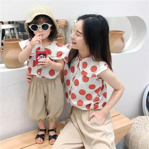 2019 Summer Sets Family Matching Mother Daughter Sleeveless T-Shirt+Casual Trousers 2PCS Family Look Dot Blouse Suit Clothing