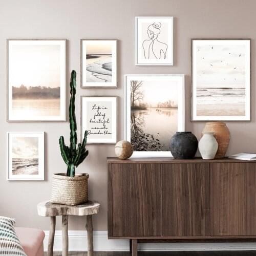 Calm Ocean Misty Sunrise Lake Mirror Beach Line Wall Art Print Canvas Painting Line Nordic Poster Decor Pictures For Living Room