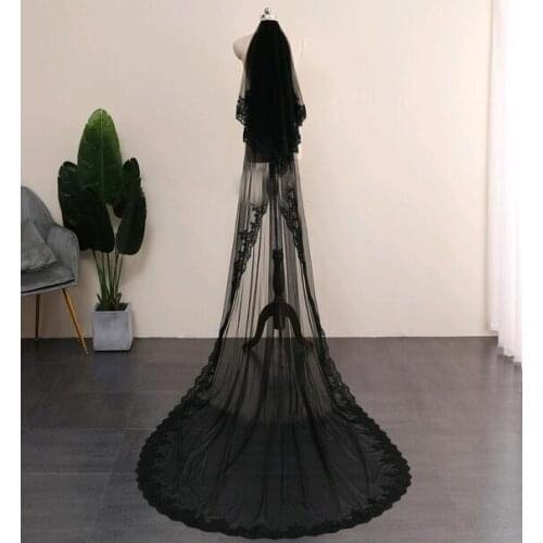 Two Layer Elegant Black 3M Cathedral Wedding Veil Lace Edge Bridal Veils With Comb