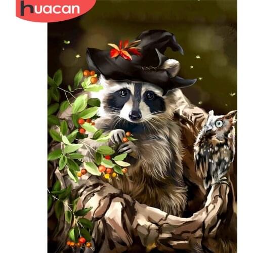 HUACAN Diamond Painting Raccoon Cross Stitch Sale Diamond Embroidery Animal Mosaic Rhinestone Kit Halloween Decoration