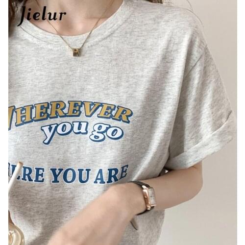 Jielur Gray Letter Print Womens T-shirt Summer Casual O-neck Loose Short Sleeve Women Tshirts Cotton White Top Female S-XL