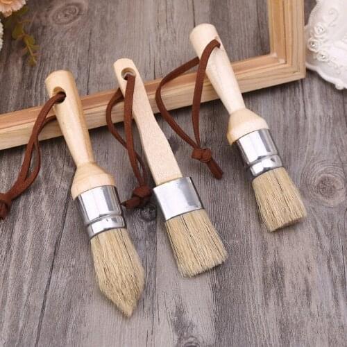 3 Pcs Round and Flat and Pointed Chalk Paint Wax Brush Ergonomic Wood Handle Natural Bristle Brushes Furniture DIY Paint