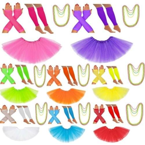 RED WHITE NEON GREEN BLUE TUTU SKIRT T SHIRT GLOVES LEGWARMER 1980S 80S FANCY COSTUME HEN PARTY