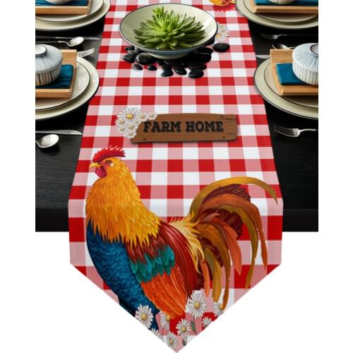 Red Plaid Daisy Rooster Farm Table Runner Modern Table Flag Home Party Country Wedding Decoration Tablecloth Table Runners
