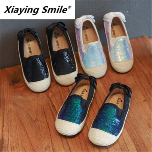 Xiaying Fashion sequined linen girlsshoes New Butterfly Knot Soft Bottom Round Head Single Shoes for Spring and Autumn of 2019