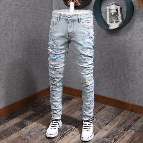 American Street Style Fashion Men Jeans Retro Light Blue Slim Fit Ripped Jeans Painted Designer Patch Hip Hop Denim Punk Pants