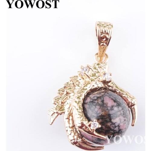 Wholesale 5Pcs/Lot Rhodonite Stone Pendants Dragon Claw Charm Round Ball Bead Crystal Reiki Chakra Jewelry QN3096