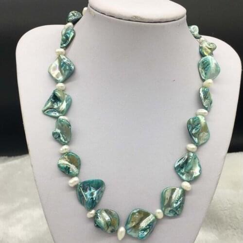 Blue Shell White Real Pearl Necklace 19"