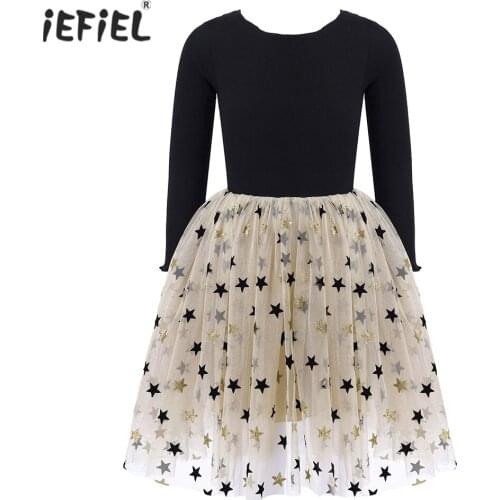 IEFiEL Girls Dress 2021 Spring Casual Long Sleeves Mesh Kids Dresses For Girl Sequins Stars Autumn Clothing Princess Party Dress