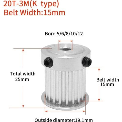 1pcs HTD 3M Timing Pulley 20 Teeth Bore 5/6/6.35/8mm for Width 10/15mm 3M Synchronous belt HTD3M Pulley 20Teeth 20T CNC K type