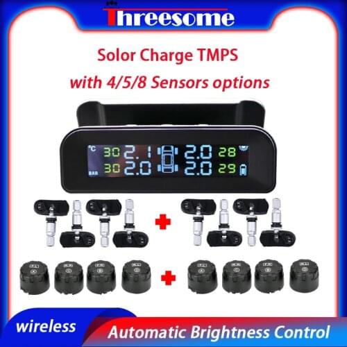 TPMS Wireless Solar Charge Car HD Display Tire Pressure Alarm Monitor System Turn On Wth Vibration with 4/5/8 Sensors Threesome