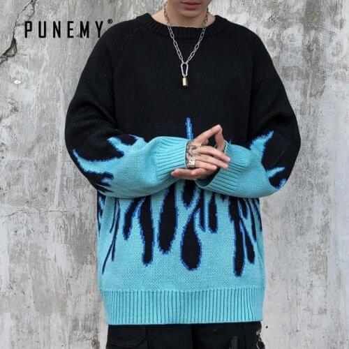 Sweater Men Streetwear Pullover Flame Pattern Hip Hop 2020 Spring Spandex O-neck Harajuku Oversize Women Casual Mens Sweaters