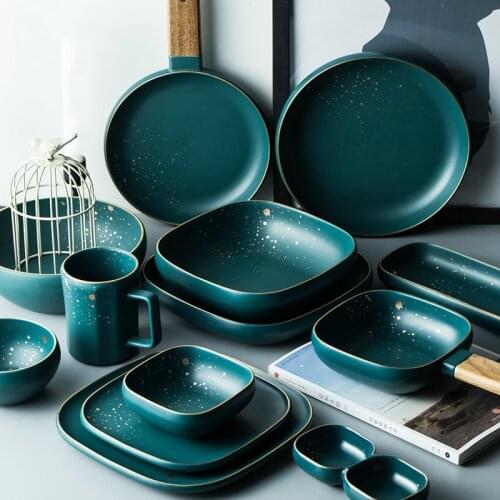 High Fashion Retro Green Nordic Ceramic Tableware Set Dinnerware Set Bowl Plate Soup Bowl Set Modern Style High-end