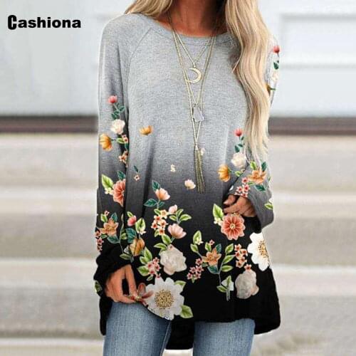 Plus size Ladies Elegant Leisure Casual Long T-shirt Gradient Flower Print Tees Womens Top Pullovers Autumn Shirt Femme 3XL