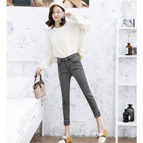 Fleece leggings womens outer wear winter new high-waisted feet cotton trousers autumn and winter thick denim warm pants