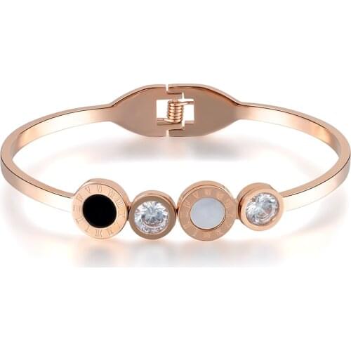 JeeMango Classic Roman Number Cubic Zirconia Bangles For Women Stainless Steel White & Black Shell Wedding Bracelets B17022