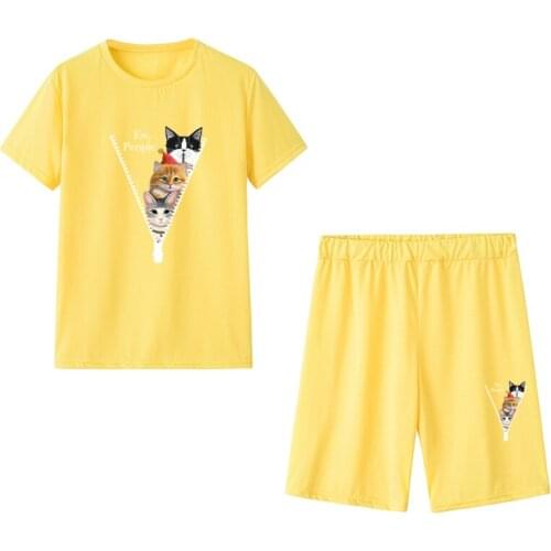 2 Pcs Set Summer Women T-shirt+Shorts Cartoon Cat Printing O-Neck Slim Casual Fitness Breathable Female Short Sleeve Tracksuit
