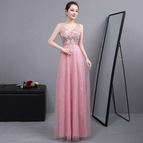 Pink Embroidery Evening Dress Deep V-Neck Sleeveless Floor-length Fashion A-Line New Plus size Women Formal Party Dresses C1325