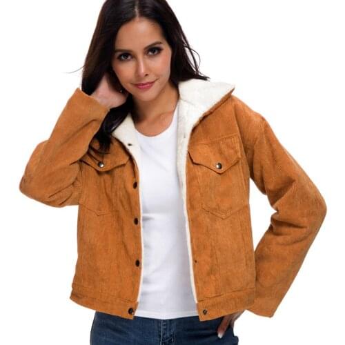 2021 Winter Jacket Women Brown Corduroy Lambswool Thickened Bomber Jackets Long Sleeve Single-Breasted Casual Fleece Female Coat