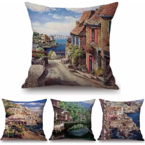 3D Oil Painting Beautiful Italy Venice Mediterranean Scenery Home Decorative Pillow Flowers Ocean Landscape Cushion Cover Cases
