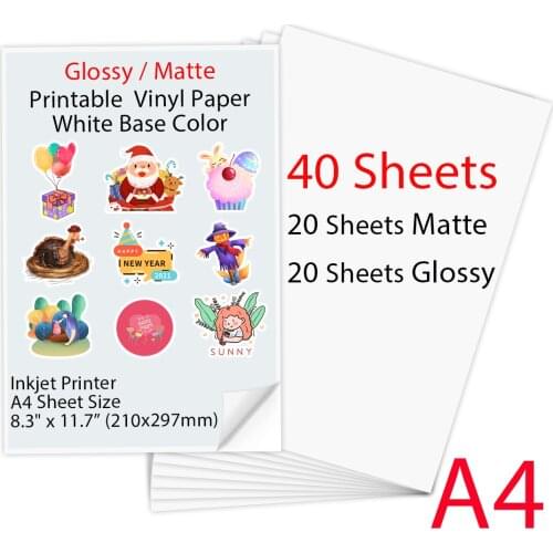 40 Sheets A4 Printable Vinyl Sticker Paper 210*297mm Glossy Matte Printing Copy Paper A4 Size White Paper for All Inkjet printer