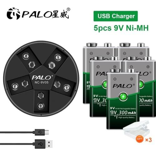 PALO 5pcs 9V Rechargeable NiMH Battery 6F22 9 volt Batteria+9V Battery USB Fast Charger for 9V lithium Li-ion nimh battery