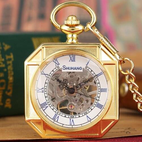 Royal Gold Octagonal Mechanical Pocket Watch Transparent Glass Case Unique Design Hand Winding FOB Chain Luxury Reloj Best Gifts