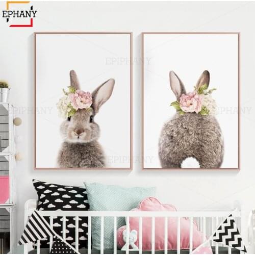 Baby Animal with Flowers Poster Nursery Canvas Wall Art Print Bunny Deer Painting Nordic Kids Decoration Picture Bedroom Decor