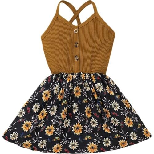 Kids Summer Slip Dress Ribbed Stitching Floral Spaghetti Strap Sleeveless Buttons Braces Skirt for Girls, 18 Months to 6 Years