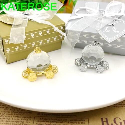 【KATEROSE】Clear/Gold Crystal Baby Carriage in Gift Box Baby Shower Favors Newborn Baptism Christening Souvenir