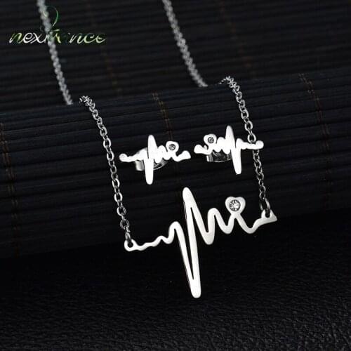 Nextvance Simple Wave Tooch Heartbeat Necklace Earring Set Rhinestone Heart Wave Chain Necklaces For Women Jewelry