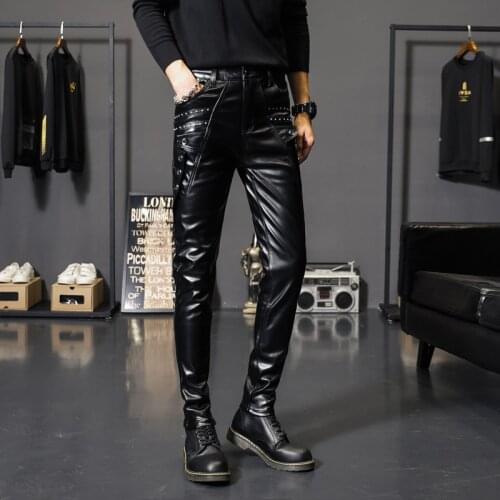 2021 mens fall/winter fashion slim-fit leather pants with small feet teen rivet zipper thick warm PU leather pants