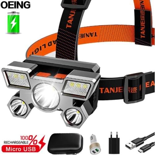 5LEDs Headlamp USB Rechargeable Head Flashlight Built-in Battery Waterproof Camping Headlight Outdoor 4 Modes Fishing Lantern