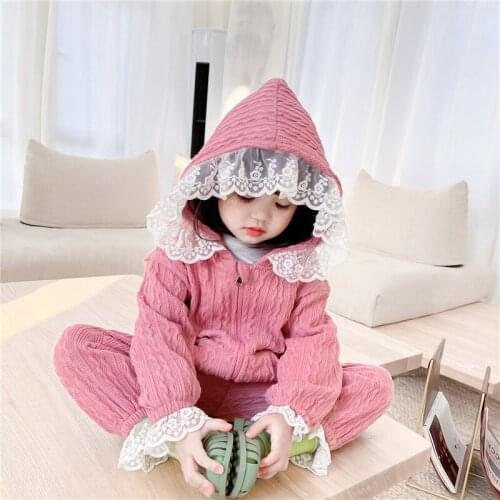 2021 New Arrival Spring Autumn Children Clothing Set Solid Lace Patchwork Hooded Zipper Coat+Pant Casual Kids Sport Suit 1-7Yrs