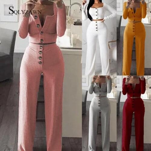 Solid Rib Knitted Sweat Suit Women Vintage Button Long Sleeve Crop Top and Wide Leg Pants 2 Piece Set Slim Fit Outfits Plus Size