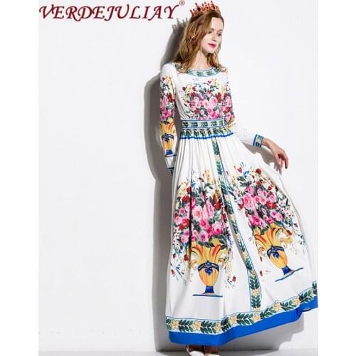 Wholesale Hot Sale Item European Vintage Vase Print A-Line Dresses Women Back Invisible Zip Floor-Length Retro Maxi Dress