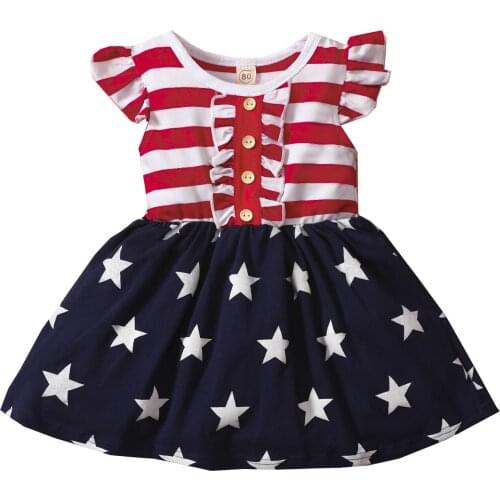 Independence Day Girls Dress Stripe and Star Printed Pattern Round Collar Sleeveless/ Fly Sleeves Dresses