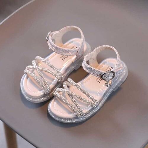 Child Summer Shoes Girls Ribbon Rhinestone Sandals Open Toes Sandal Kid Soft Bottom Non-slip Outdoor Flat Shoe Pink 26-36